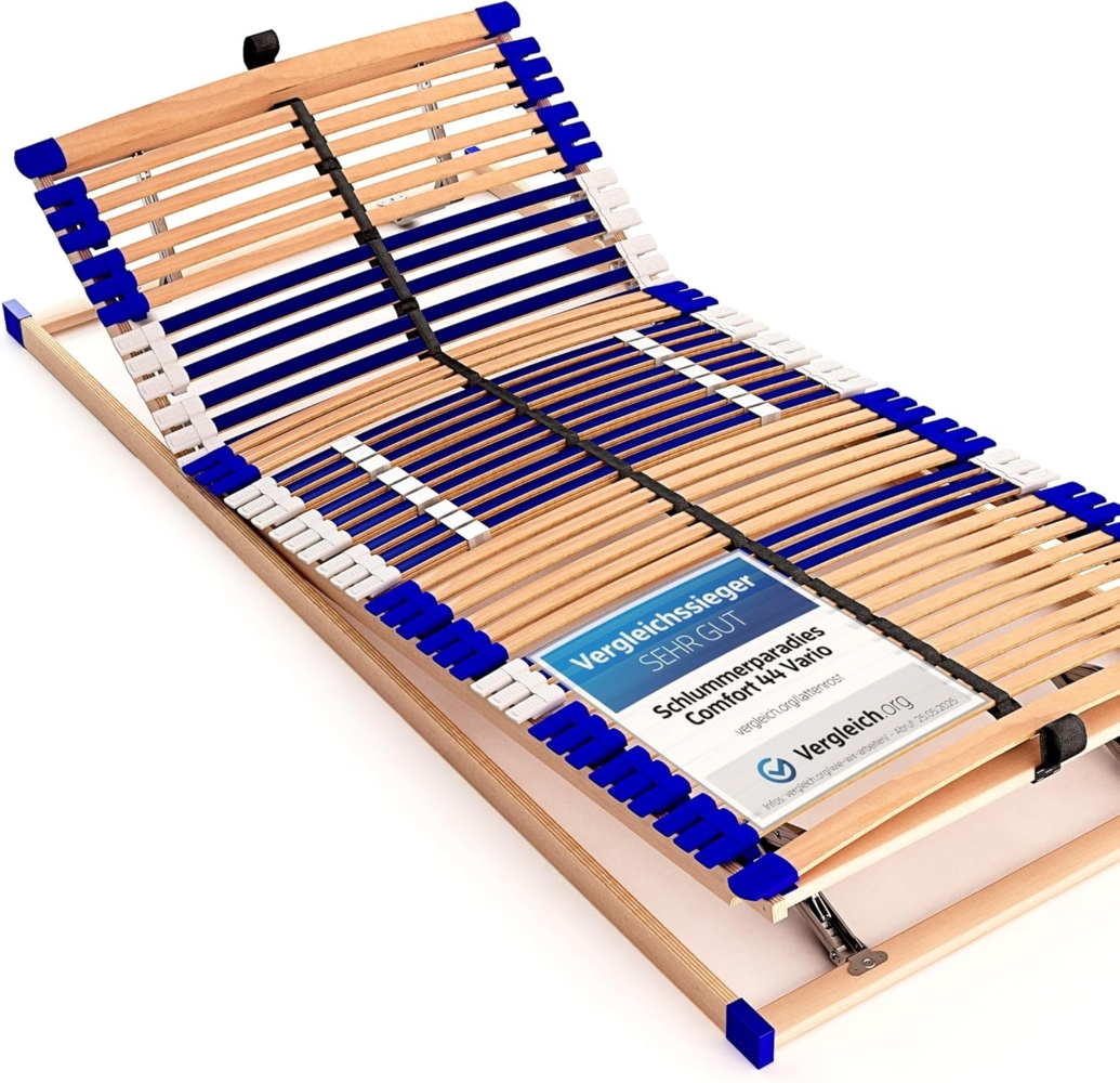 stabiler Lattenrost 100% BUCHE - Kopf- und Fußteil verstellbar - SCHULTERFRÄSUNG, 7 Zonen, 44 Federleisten, Härte-Regulierung, Mittelgurt - VARIO COMFORT 44® - 100% fertig montiert (90x200 cm) Bild 1