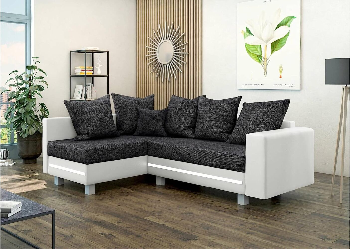 Stylefy Morgan Ecksofa Strukturstoff BERLIN Kunstleder MADRYT Schwarz Weiß Links Bild 1