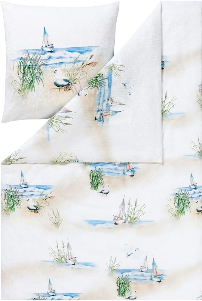 Seersucker-Bettwäsche Meggie 155 x 220 cm, Baumwolle, Beige, Blau, Grün Bild 1