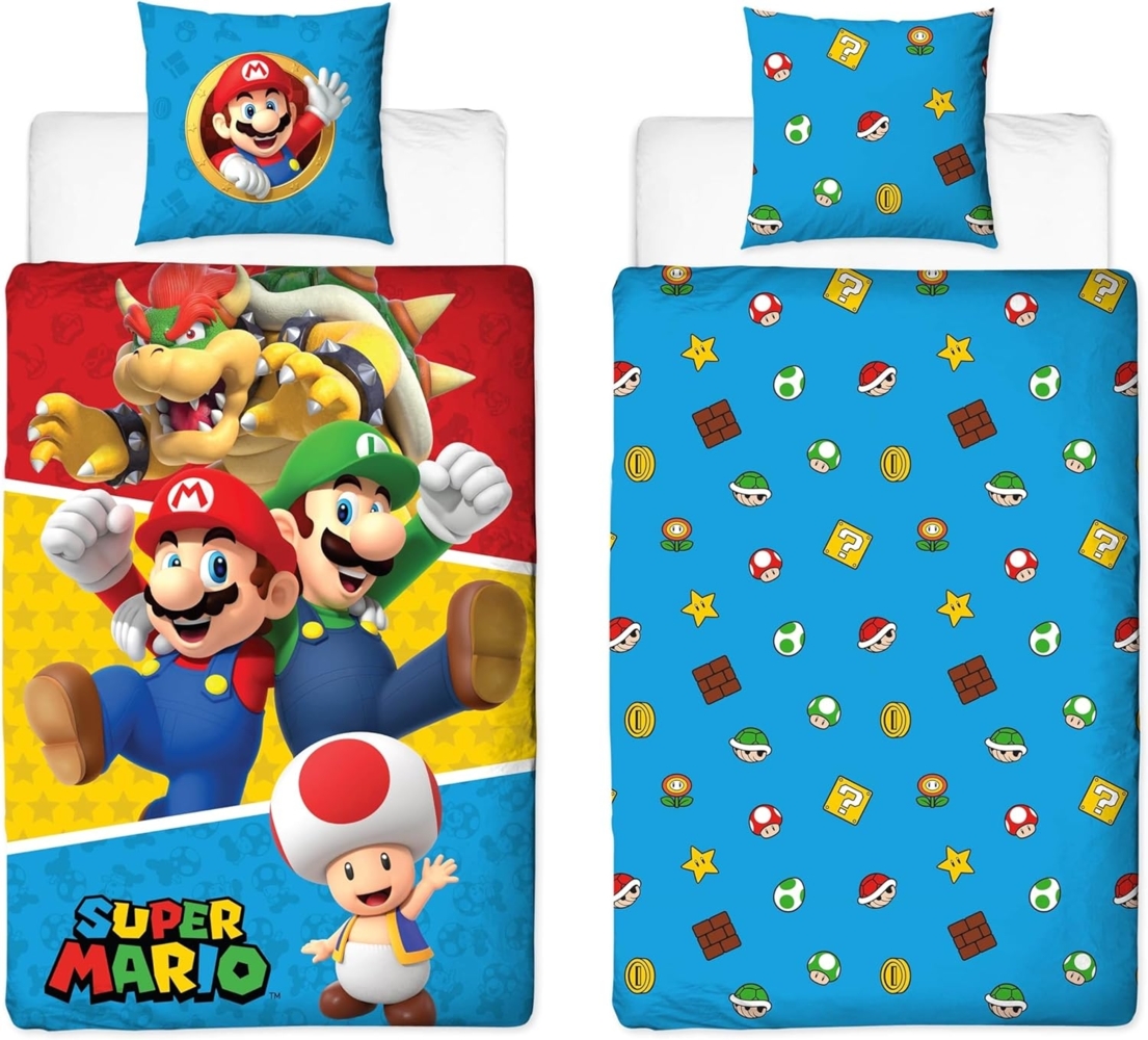 Nintendo Super Mario Bettwäsche für Jungen 135x200 + 80x80 cm Motiv Friends Luigi aus 100% Baumwolle Bild 1