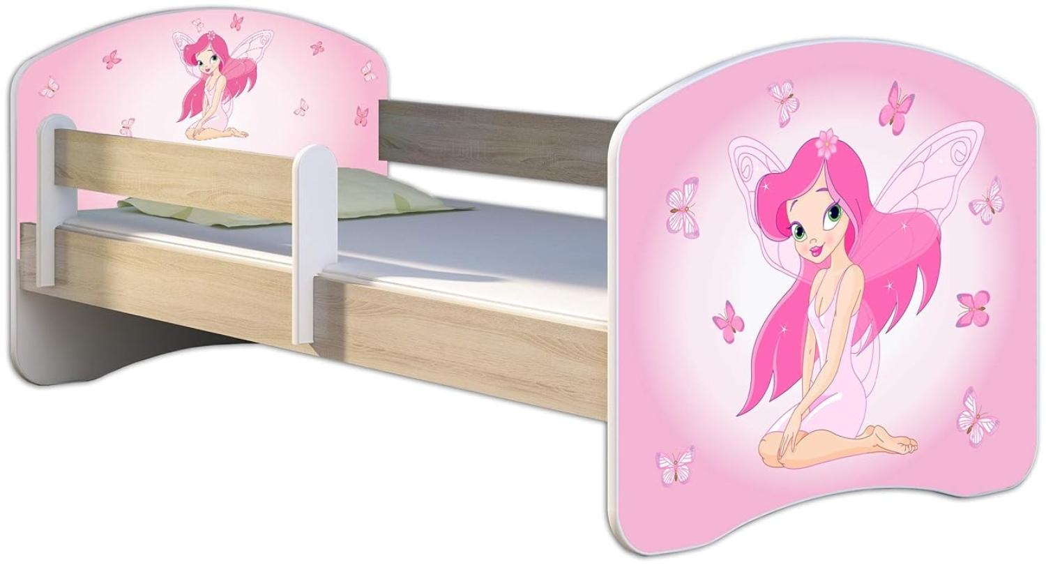 Kinderbett Jugendbett mit einer Schublade und Matratze Sonoma mit Rausfallschutz Lattenrost ACMA II 140x70 160x80 180x80 (07 Rosa Fee, 140x70) Bild 1