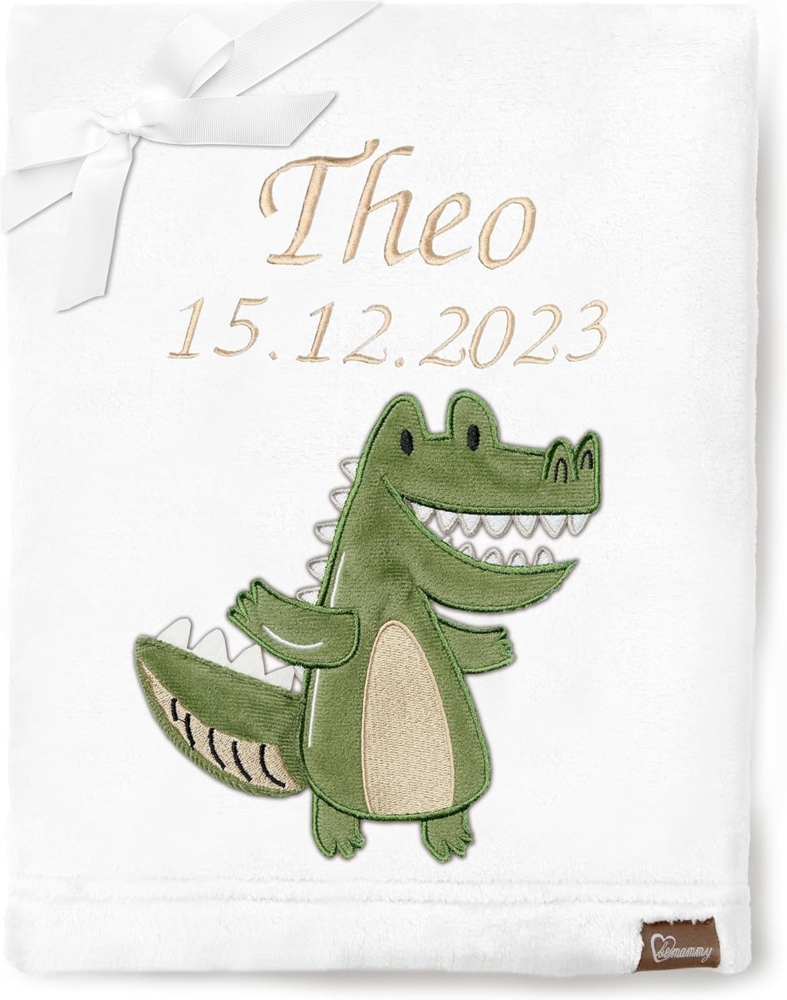 Be Mammy Personalisierte Babydecke mit 3D Applikation Warme Kuscheldecke mit Namen und Geburtsdatum; Perfektes Baby Geschenk; Blanket; Krabbeldecke BE20-280 (Weiß - Krokodil) Bild 1