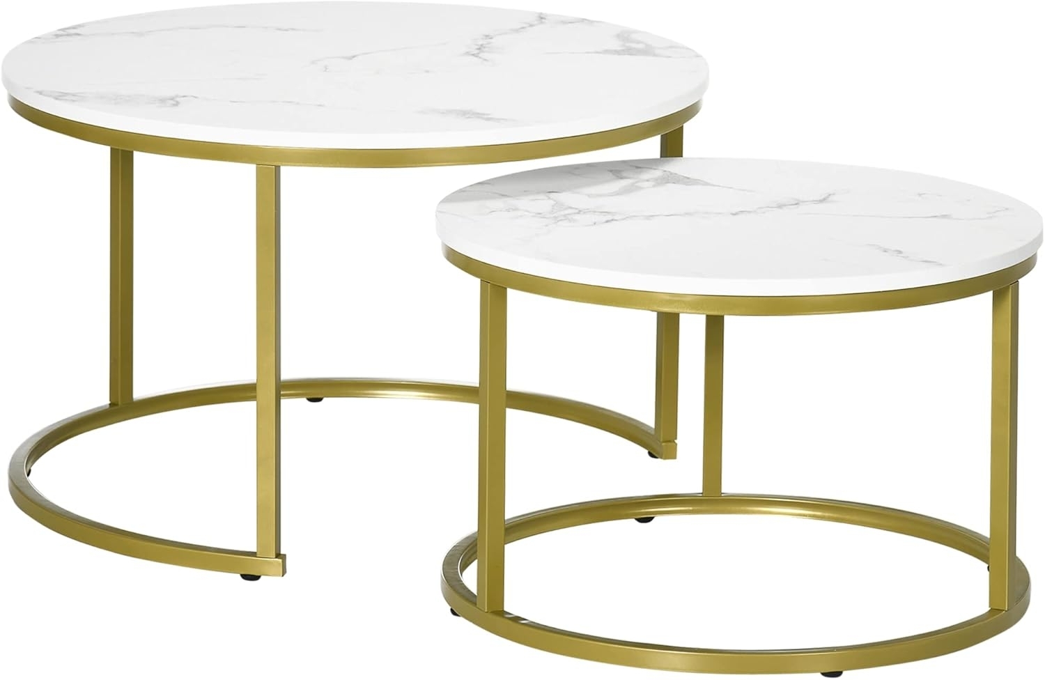 HOMCOM Couchtisch 2er-Set, Rund, mit Stahlgestell in Gold, Marmoroptik, stapelbar (Kaffeetisch, 2-St, Eckiger Beistelltisch), für Wohnzimmer, bis 30 kg belastbar, Weiß Bild 1