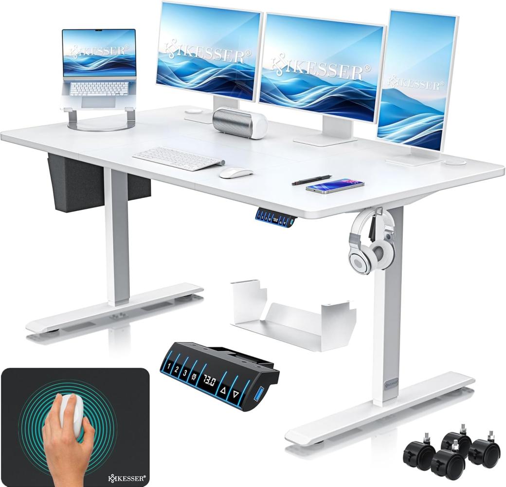 KESSER® Höhenverstellbarer Schreibtisch elektrisch | Ergonomisch Steh-Sitz Schreibtisch | 3-Funktions-Memory Steuerung | Inkl. 360° Rollen & USB-Ladeanschluss | Computertisch für Homeoffice Weiß, 160 x 70 cm Bild 1