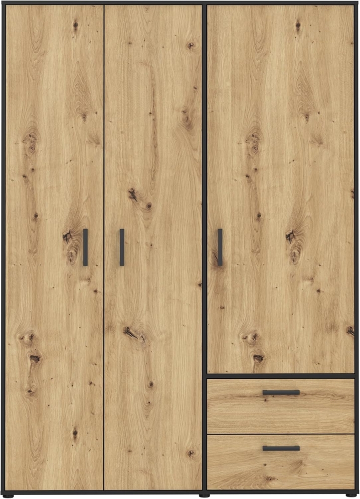 Forte MONISSA Kleiderschrank 140 150, moderner Drehtürenschrank, 3-türig, 2 Schubladen, Holzwerkstoff, Artisan Eiche Holzdekor|Schwarz, 144,4 cm breit x 200,1 cm hoch x 59 cm tief Bild 1