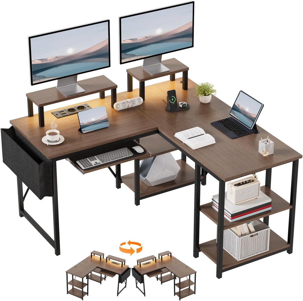 JUMMICO Gaming Tisch mit LED 140x140 cm, Schreibtisch L-förmiger mit Monitor Ständer und Ablagefach,Reversible Eckschreibtisch Computertisch mit 2 Steckdosen 2 USB und Aufbewahrungstasche, Walnuss Bild 1