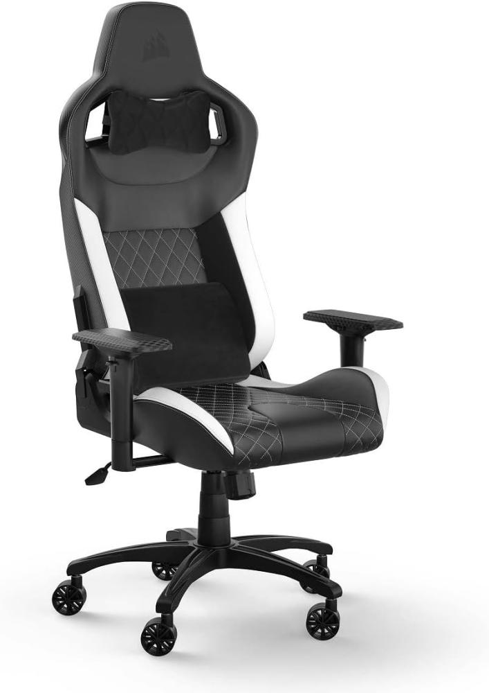 Corsair T1 RACE (2023) Fauteuil Gaming – Inspiré des Sports Automobiles – Revêtement en cuir synt – Armature en Acier – Accoudoirs 4D Hautement Ajustables – Noir et Blanc Bild 1