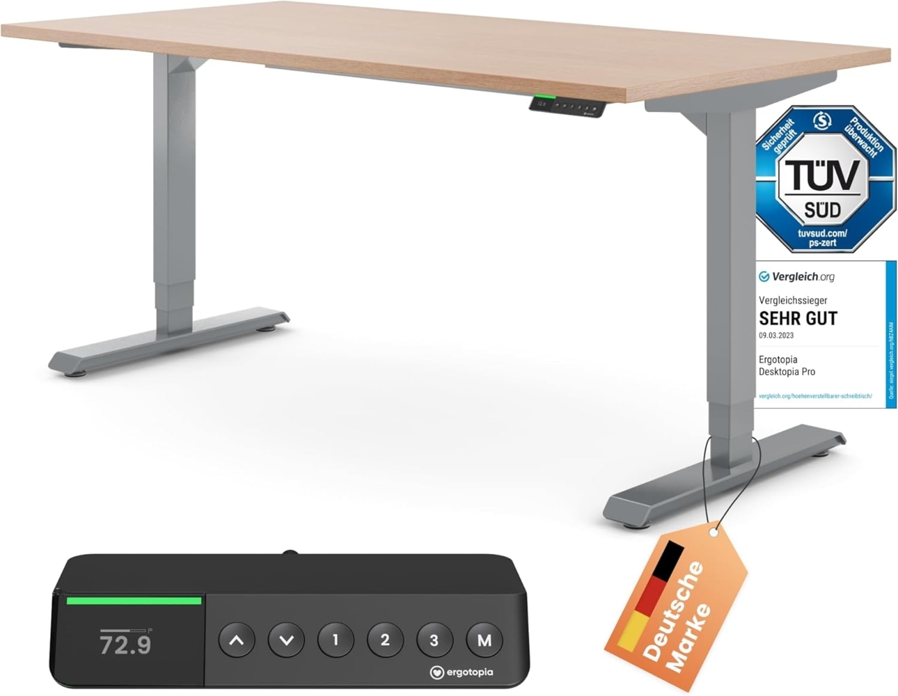 Desktopia Pro X - Elektrisch höhenverstellbarer Schreibtisch / Ergonomischer Tisch mit Memory-Funktion, Buche, Gestell Grau, 180x80 cm Bild 1