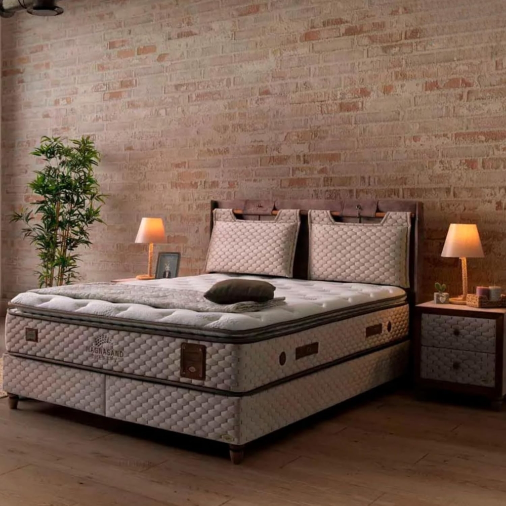 BAMBI YATAK Boxspringbett Set, Bambi Magnasand Therapy, Bett-Set ohne oder mit Nachttischen, H3 (Schlafzimmerbett, Matratze mit Topper, 1 x H3 Mittelfest Matratze, 2 x Bettkasten, 1 x Bettkopfteil), Magnetischer schwarzer Sand, Taschenfederkern, Matrat... Bild 1