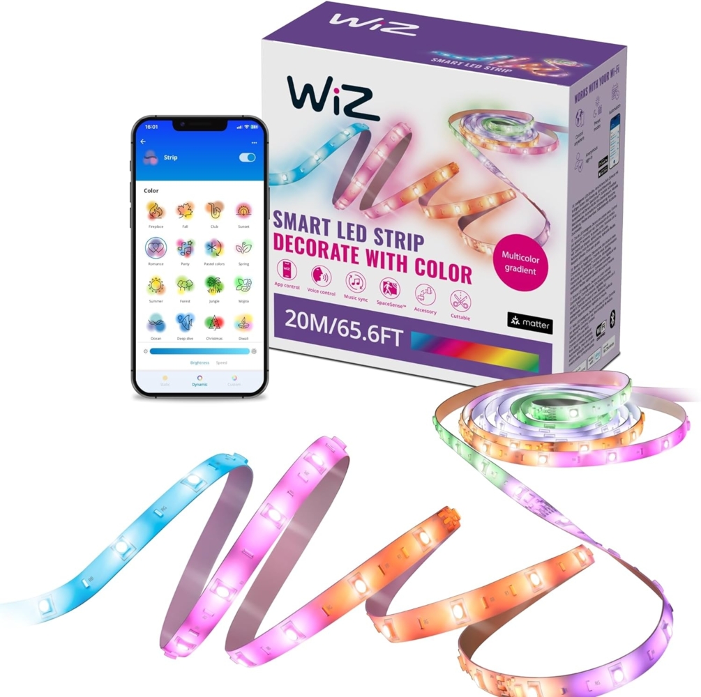 WiZ RGBIC LED Lightstrip - 20 m, 16 Mio. Farben + Weißtöne, dynamische Lichtszenen, verbindet sich mit Ihrem WLAN, Sprach- / App-Steuerung, funktioniert mit Google Home, Alexa und HomeKit Bild 1