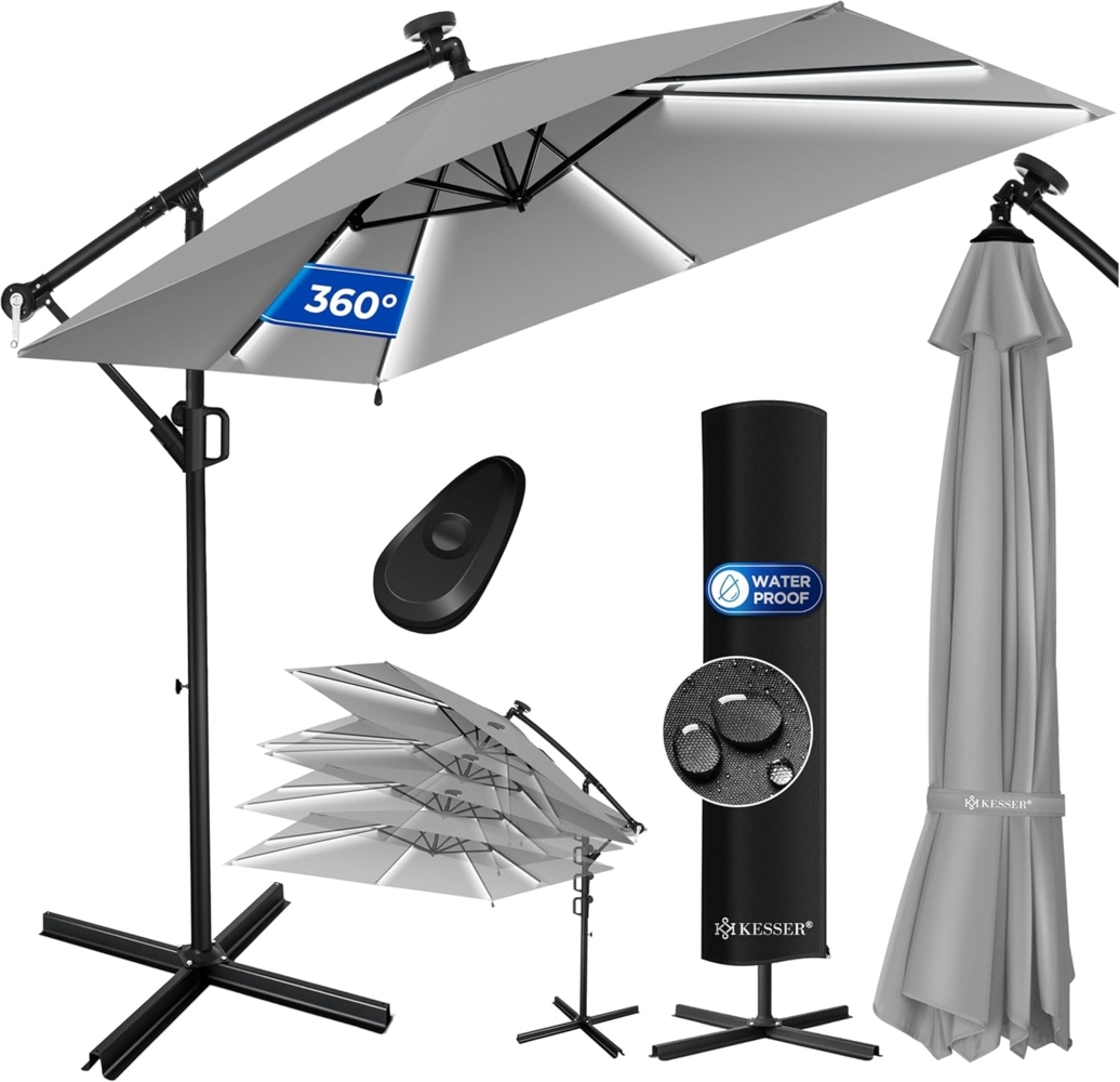 KESSER® 'Holly' Ampelschirm mit LED Solar und Ständer, inkl. Abdeckung und Windsicherung mit Kurbel, Aluminium hellgrau, Ø 350 cm Bild 1
