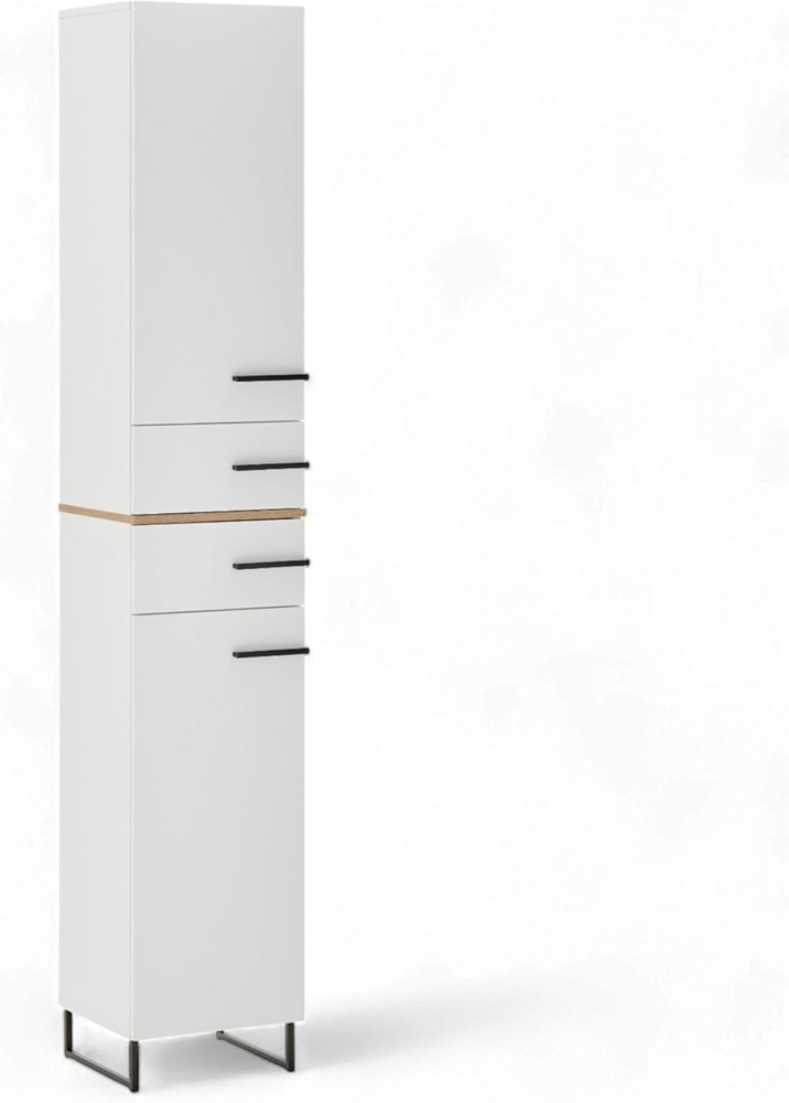 PALERMO Badezimmer Hochschrank in Weiß, Evoke Eiche Optik - Badezimmerschrank Bad Schrank mit viel Stauraum - 35 x 194 x 33 cm (B/H/T) Bild 1