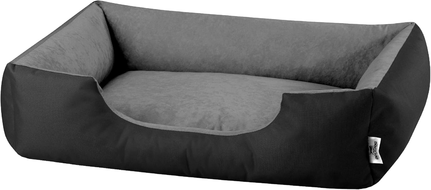 BedDog Hundebett LUPI, Hundesofa aus Cordura, Microfaser-Velours, waschbares Hundebett mit Rand, Hundekissen vier-eckig (L) ca. 80x65x18cm, THE-ROCK (schwarz/grau) Bild 1