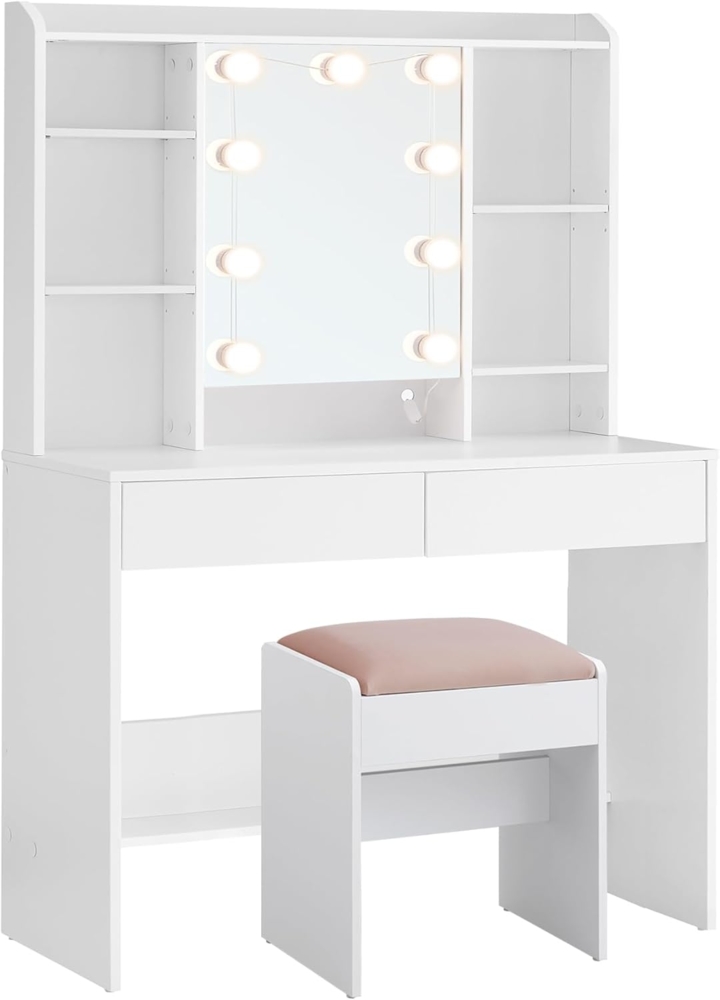 VASAGLE Schminktisch mit 9 LED-Leuchten, 3 Lichtfarben Farben, verstellbare Ablagen, weiß Bild 1