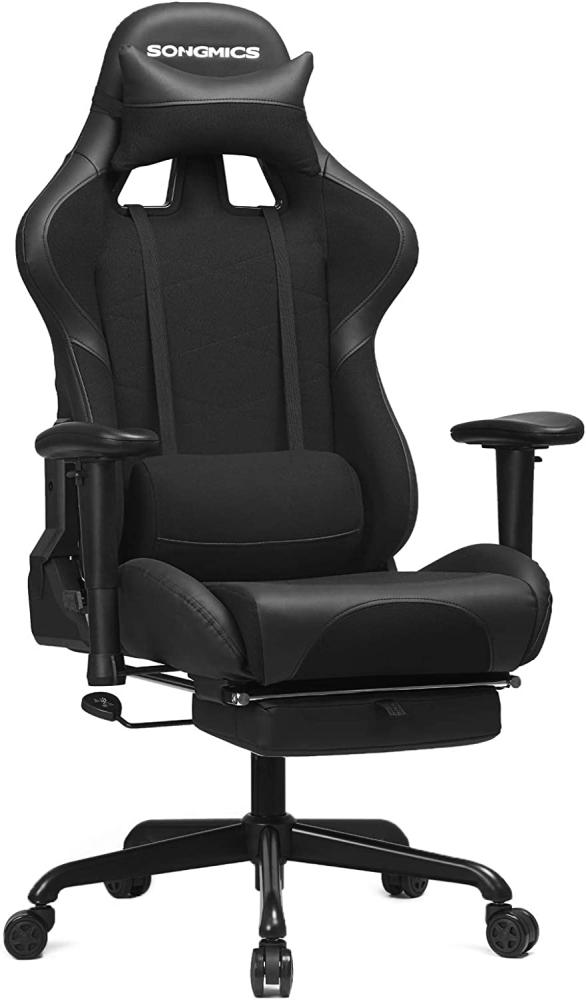 Songmics Gamingstuhl mit Fußstütze, 150 kg, Bürostuhl, Schreibtischstuhl, Lendenkissen, Kopfkissen, hohe Rückenlehne, ergonomisch, Stahl, Kunstleder, atmungsaktives Meshgewebe, schwarz RCG52BK Bild 1