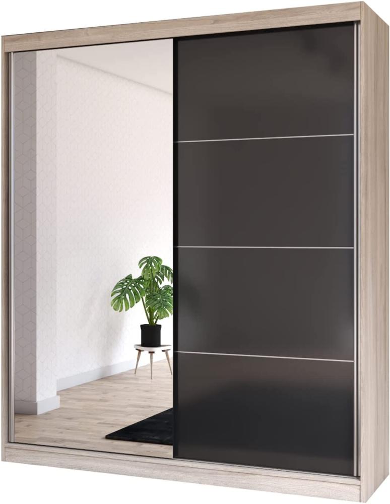 Fabryka Mebli Idźczak Schiebetürenschrank, eleganter Kleiderschrank Schrank Garderobe Spiegel Multi 31-180 cm, Schlafzimmer- Wohnzimmerschrank Schiebetüren Modern Design (Sonoma/Schwarz) Bild 1