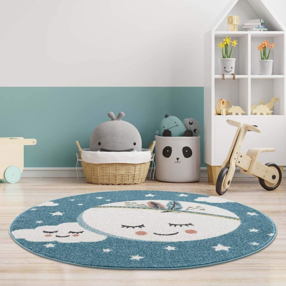 carpet city Kinderteppich Kinderzimmer Blau - 120 cm Rund - Mond Sterne - Kinderzimmerteppiche Mädchen Jungen - Babyzimmer-Teppich - Spielteppich - Sternenteppich Bild 1