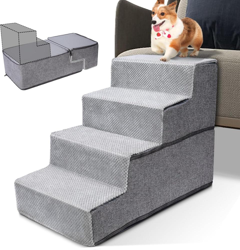 HEVOL Hundetreppe mit 4 Stufen für Hunde – Große Haustiertreppe aus 30D hochdichtem Schwamm, rutschfeste Hunderampe und Katzentreppe mit abnehmbarem Bezug für Bett und Sofa (38 x 45 x 60 cm), grau Bild 1