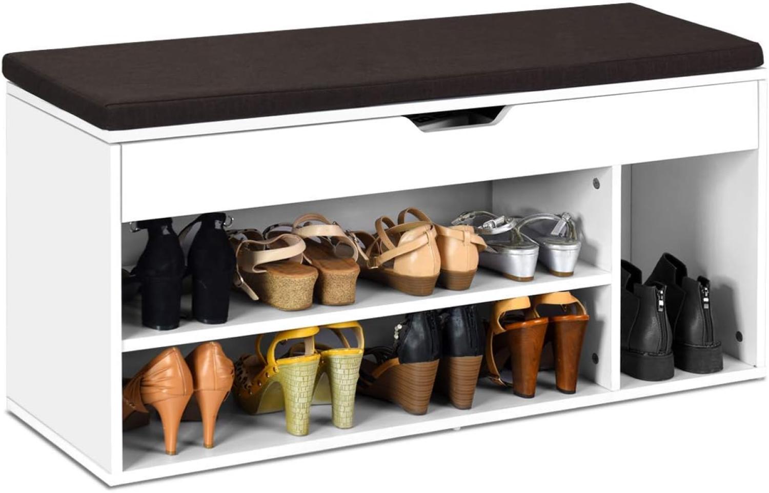 COSTWAY Schuhbank mit Sitzflaeche, Schuhregal Holz, Schuhkommode Schuhablage Schuhschrank aufklappbar, Sitzbank mit Regal, mit Sitzkissen, weiss Bild 1