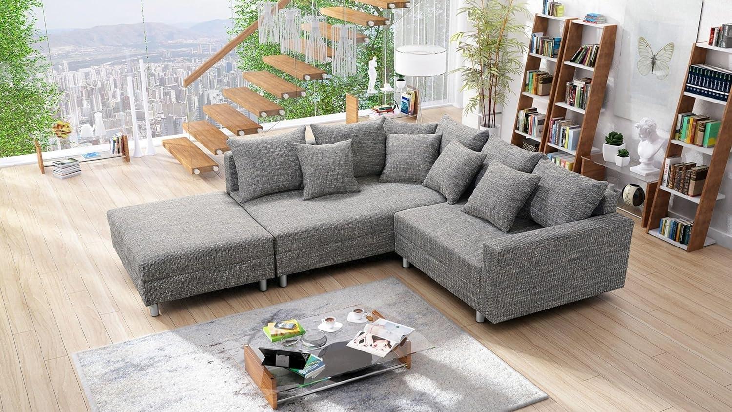 Küchen-Preisbombe Sofa Wohnlandschaft Couch Ecksofa Eckcouch Gewebestoff hellgrau Minsk L, Ecksofa + Hocker Bild 1