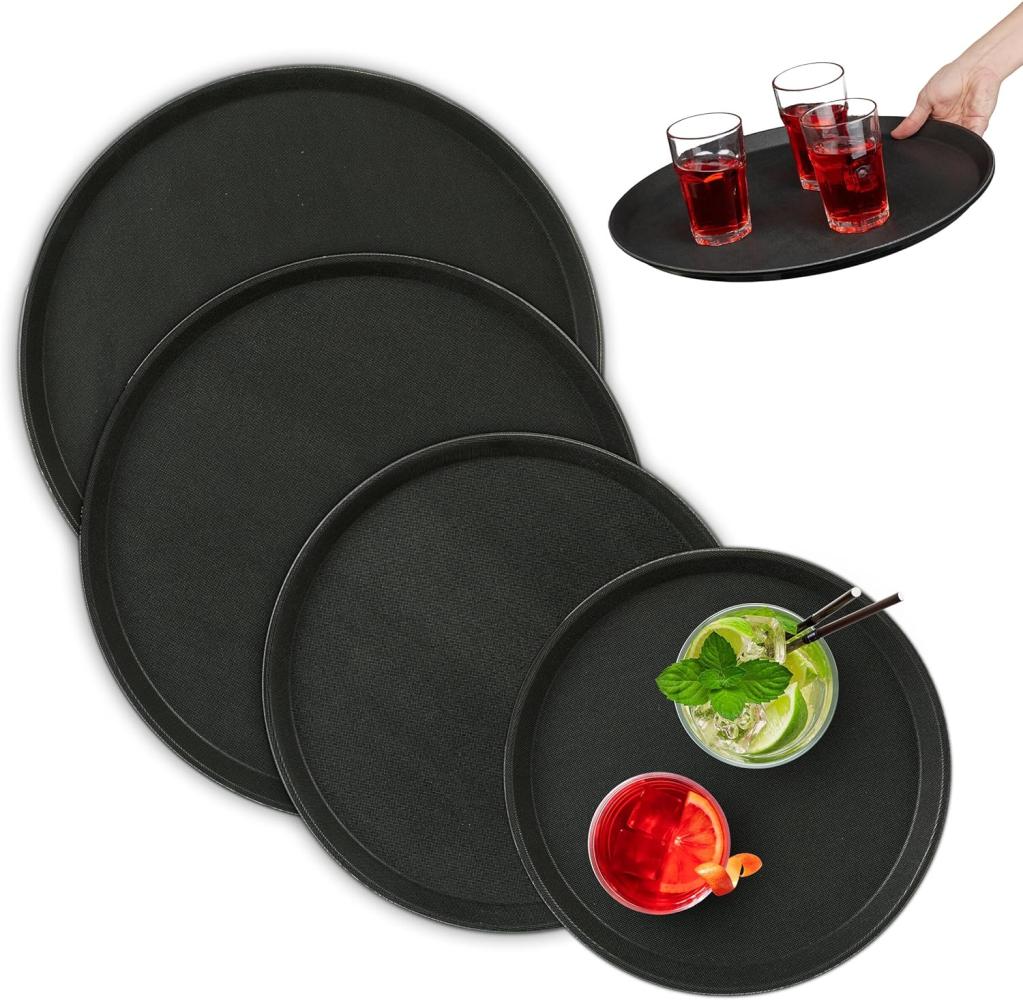 Relaxdays Serviertablett 4er Set, rutschfeste Oberfläche, rundes Kellnertablett, Tablett Gastronomie, 4 Größen, schwarz Bild 1