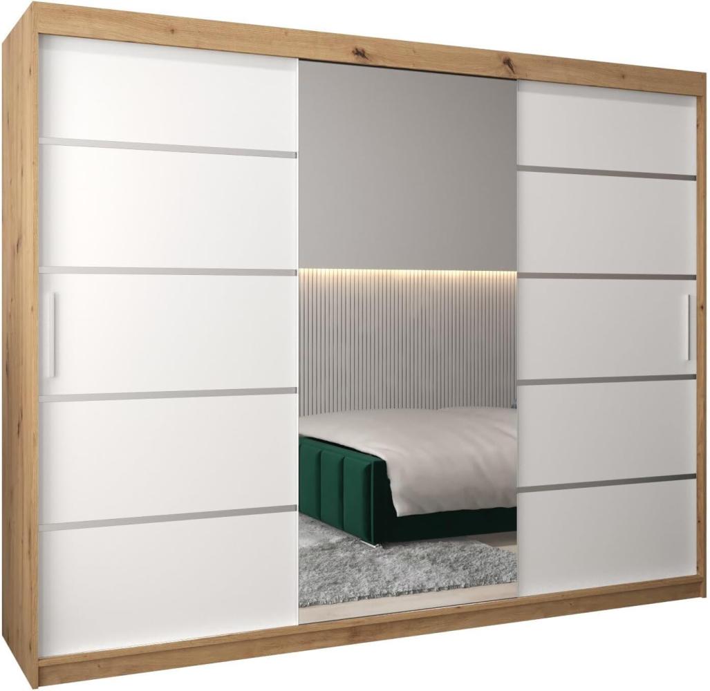 Schwebetürenschrank Verona 2-250cm mit Spiegel Kleiderschrank mit Kleiderstange und Einlegeboden Schlafzimmer- Wohnzimmerschrank Schiebetüren Modern Design (Artisan Eiche + Weiß) Bild 1