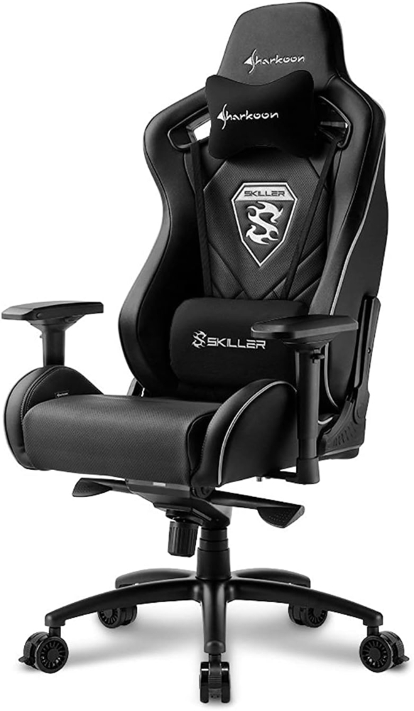 Sharkoon Skiller SGS4 Komfortabler Gaming-Stuhl (mit extragroßer Sitzfläche, 150kg belastbar, Kunstleder, Aluminiumfußkreuz, 75mm Rollen mit Bremsfunktion, 4-Wege-Armlehnen, Stahlrahmen) schwarz Bild 1