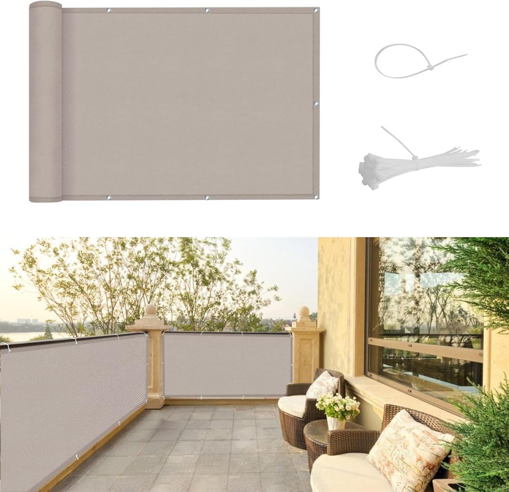 SUNNY GUARD Balkon Sichtschutz 80x300cm Balkonabdeckung PES UV-Schutz Balkonverkleidung wetterfester,mit Kabelbinder,Taupe Bild 1