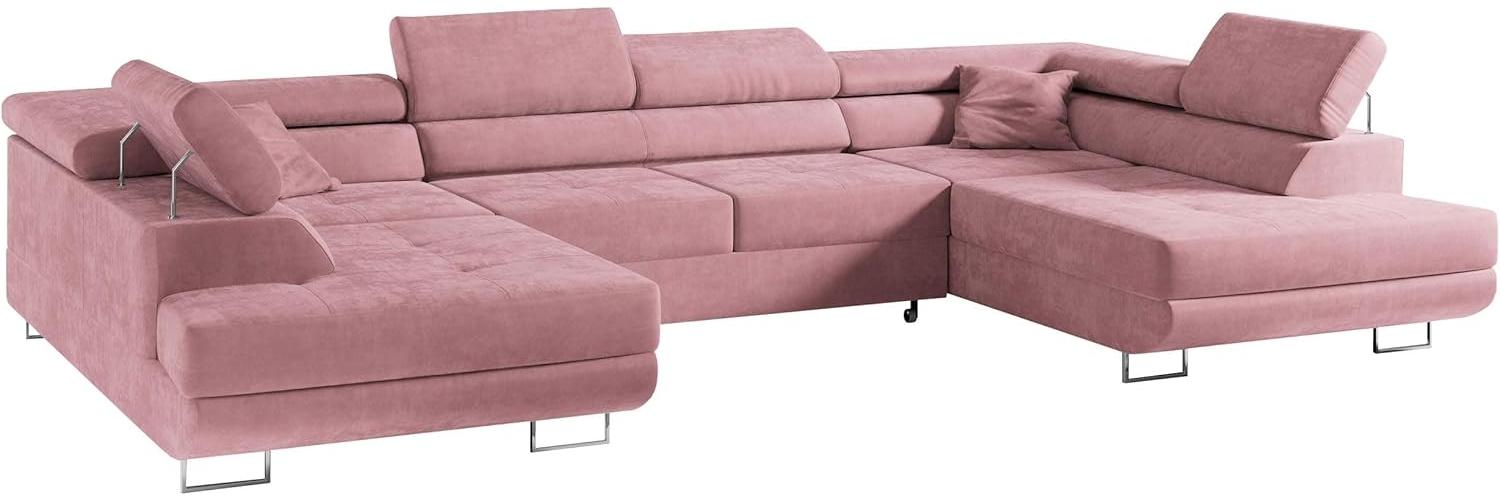 Ecksofa, Wohnzimmer U Couch, Polstersofa mit Bettkasten - GUSTAW-U - Rosa Velours Bild 1