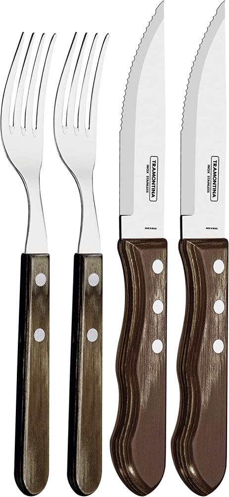 Tramontina 29899-163 Jumbo Steakbesteck, 4 teiliges Set, Edelstahl AISI 420, Kiefernholz Bild 1