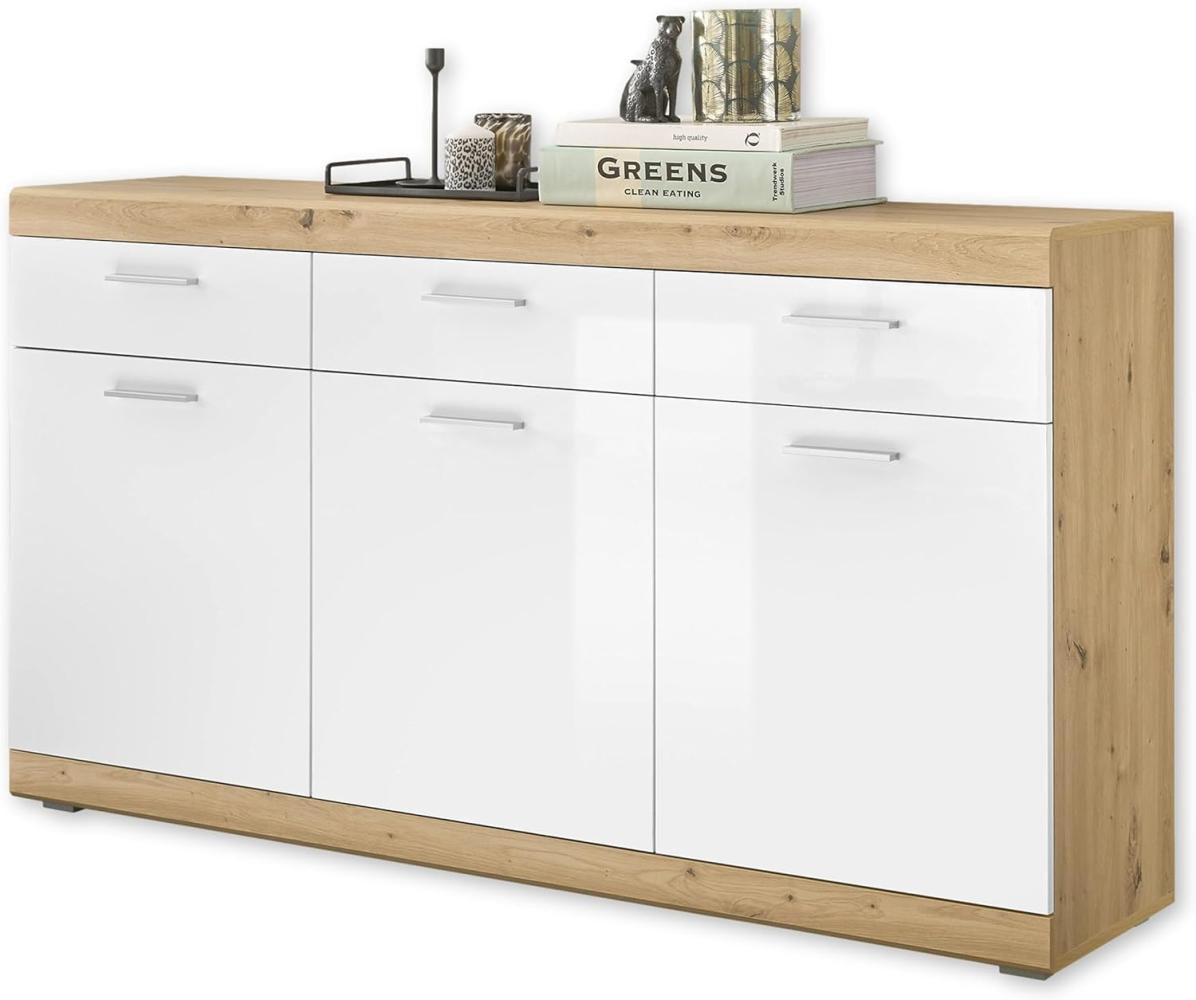 NOLA Sideboard in Artisan Eiche Optik, Weiß Hochglanz - Moderne Kommode mit Schubladen und viel Stauraum - 165 x 91 x 38 cm (B/H/T) Bild 1