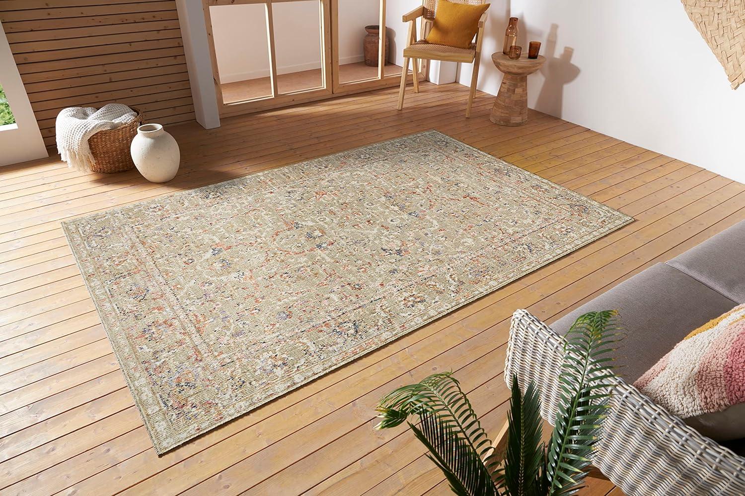 Nouristan Sues In- & Outdoor Orient Teppich – Orientalischer Kurzflor Vintage Used Look Waschbar Wetterfest & UV-beständig für Balkon, Terrasse, Garten, Wohnzimmer – Creme, 115x170cm Bild 1