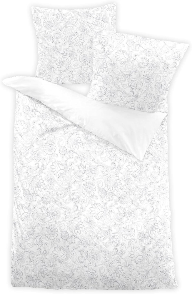 Dormisette Edel Biber Bettwäsche 155x220 Blumen Paisley Wende silber weiß 1628-91 Bild 1