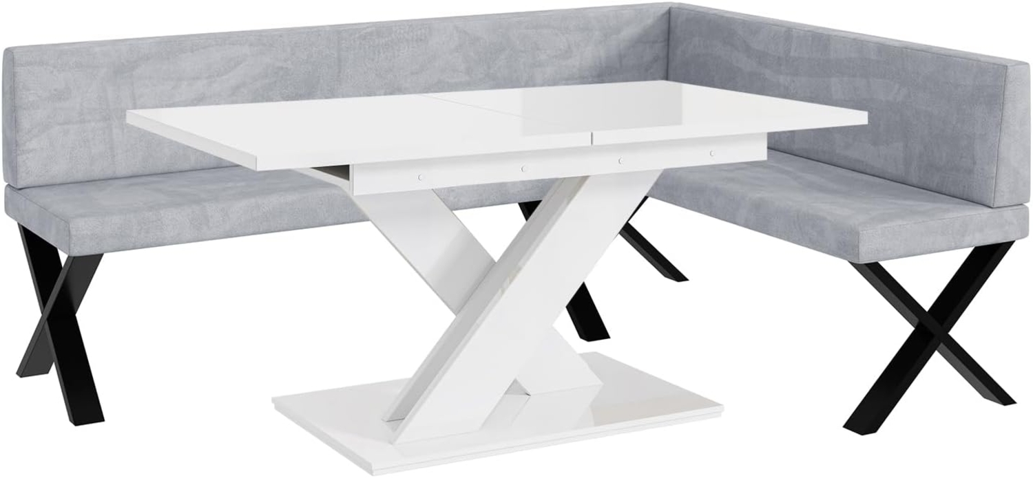 MEBLINI Eckbank für Esszimmer mit ausziehbarem Tisch - Küchenbank - Essecke - Sitzecke Küche - TONI - X-Beine 142x196x87cm Rechts - Hellgrau Samt/B Weiß Hochgl. Bild 1
