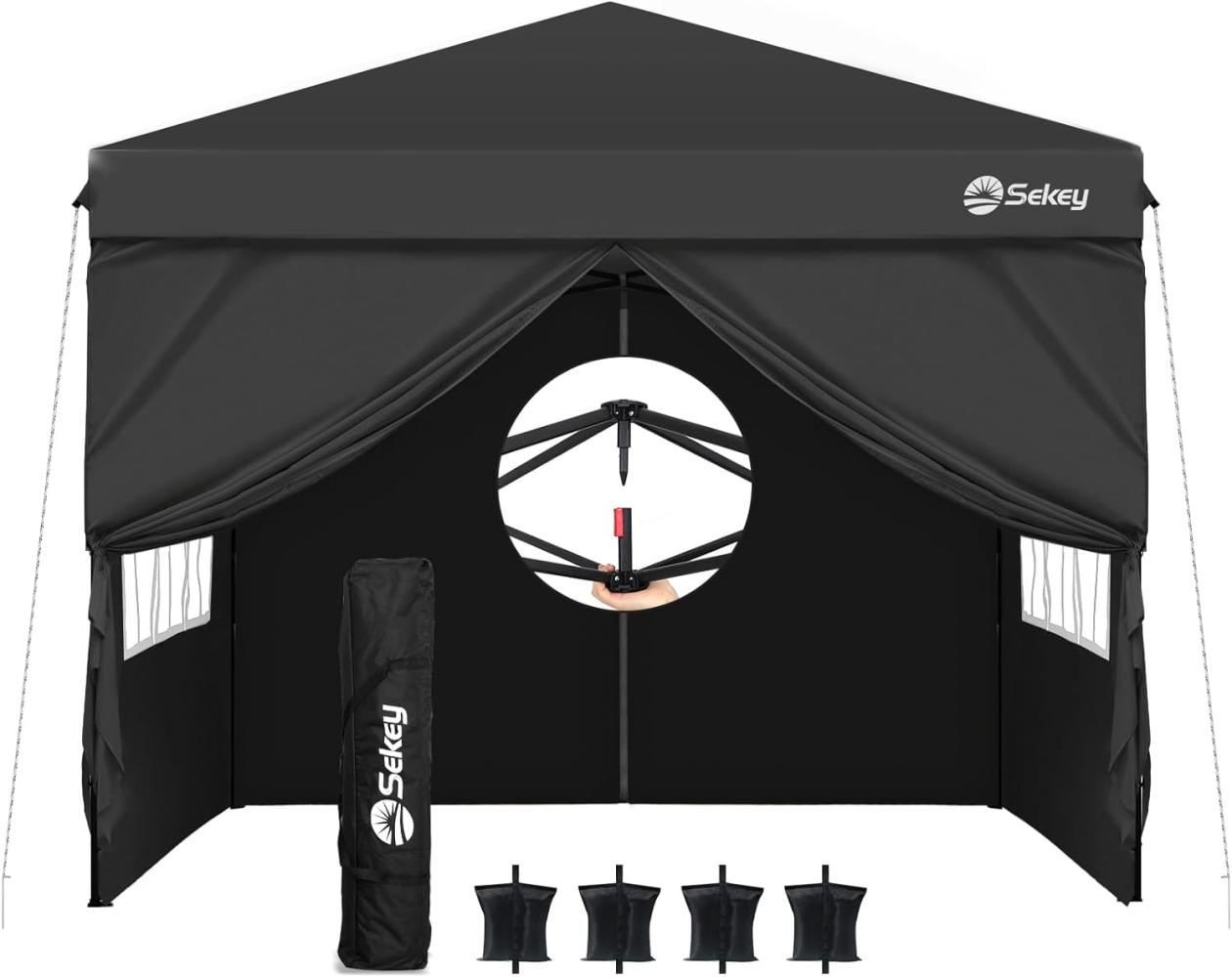 Sekey Pavillon 3x3 mit 4 Seitenteile, Faltpavillon Wasserdicht Stabil Winterfest, Pop Up Pavillon Faltbar für Camping, Festival, Events, Picknicks, Partyzelt Gartenzelt mit 4 Sandsäcke, Schwarz Bild 1