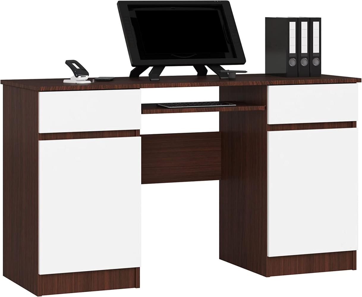 PC-Schreibtisch A5 mit Tastaturablage | Office Desk | Computertisch | Bürotisch mit Tastaturablage | 2 Schubladen und 2 Türablagen, B135 x H77 x T50 cm, 58 kg | Wenge/Weiß Bild 1