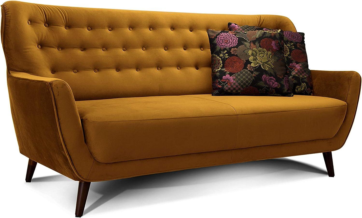 CAVADORE 3-Sitzer-Sofa Abby / Retro-Couch im Samt-Look mit Knopfheftung / 183 x 89 x 88 / Samtoptik, gold Bild 1