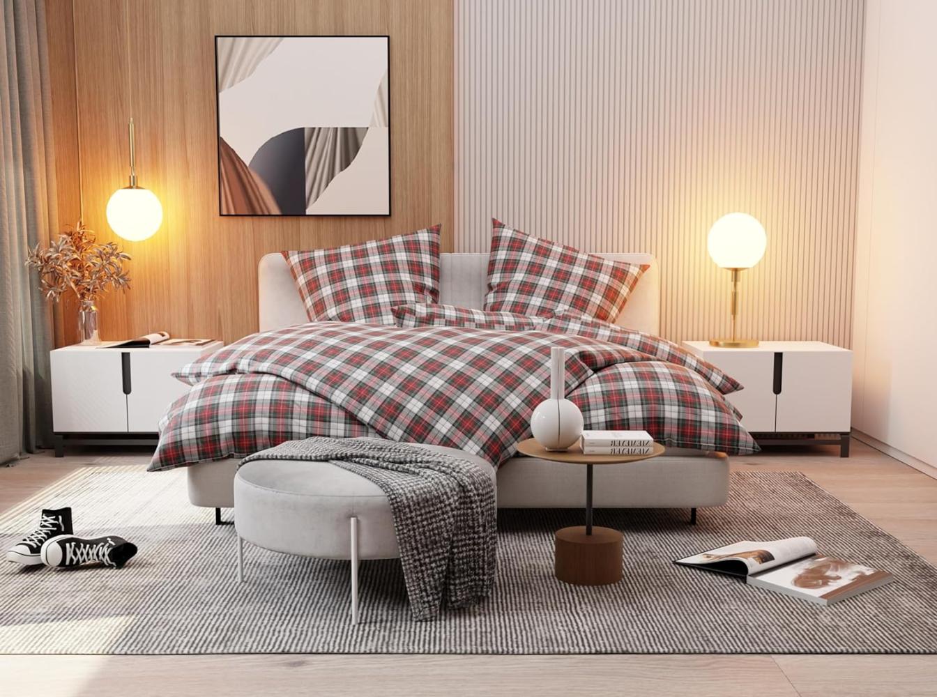 Flanell Bettwäsche Schotten Tartan weiß Garnitur 240x220 + 2x 80x80 Bild 1