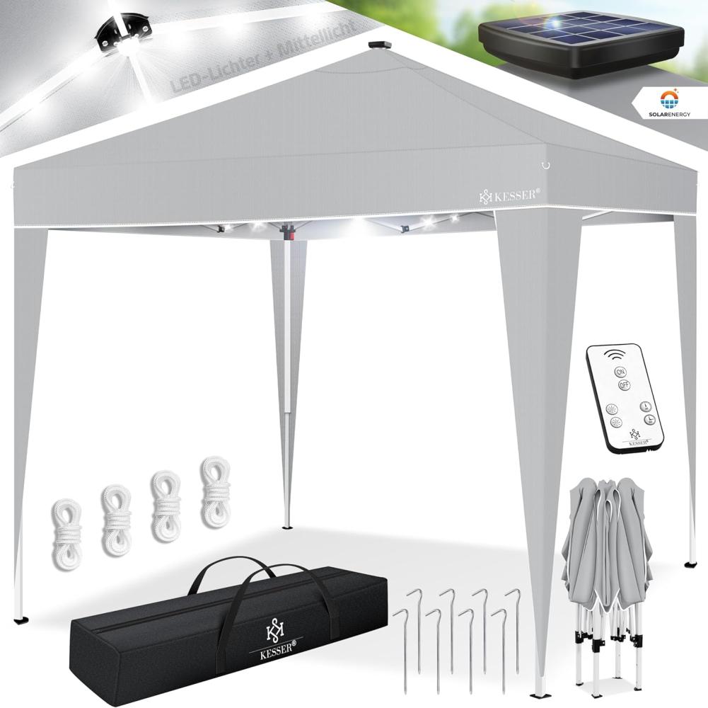 KESSER® Pavillon Faltpavillon 3x3m mit LED Beleuchtung Solar Fernbedienung | Gartenzelt Höhenverstellbar & Wasserdicht + Tasche Bodenanker | Pop-Up Klicksystem UV-Schutz 50+ Partyzelt Hellgrau Bild 1