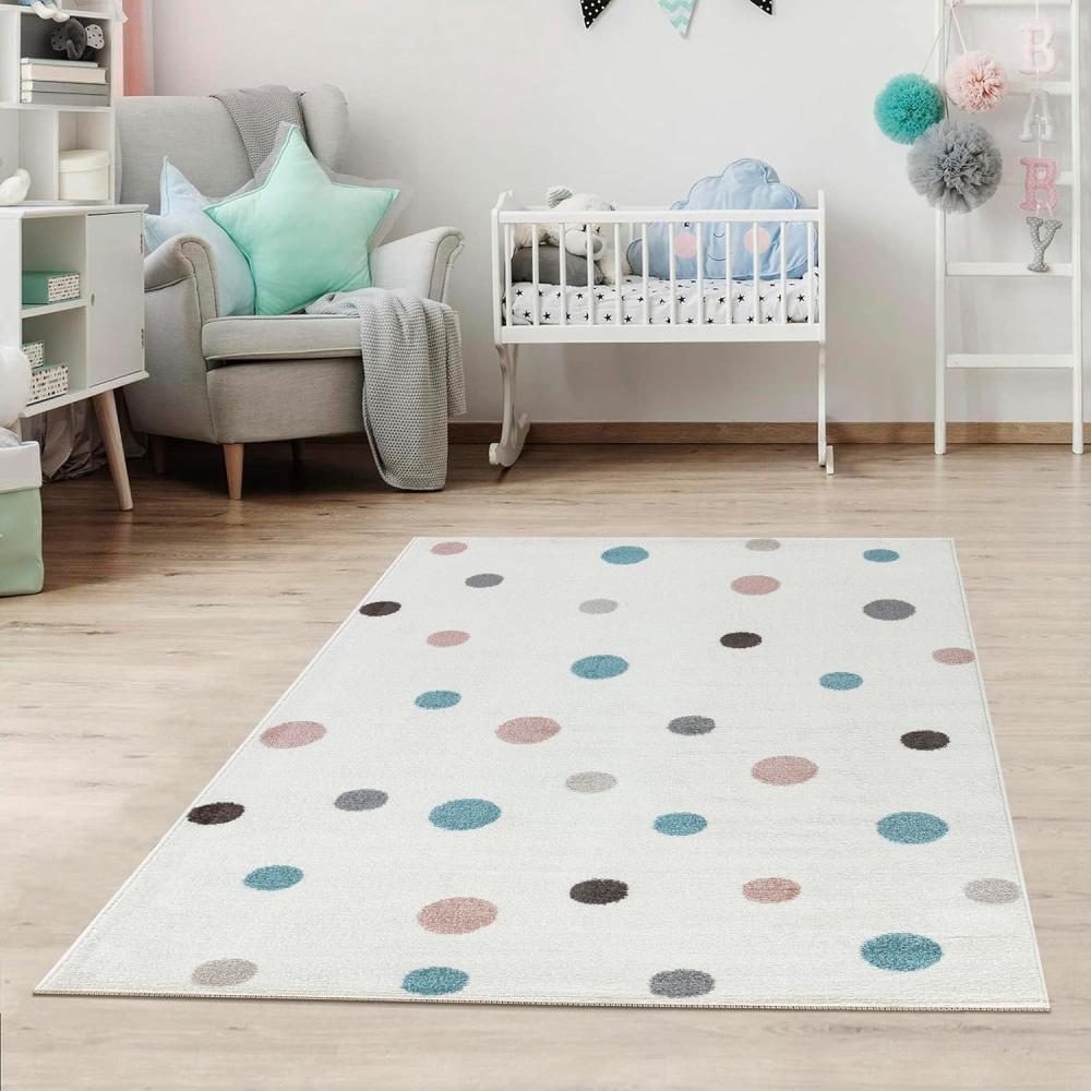 Jimri Kinderteppich DOTS l Pünktchen Gepunktet l Öko-Tex Siegel | Farbe: Beige Blau Rosa | Kinderzimmer/Jugendzimmer (White, 120x170 cm) Bild 1