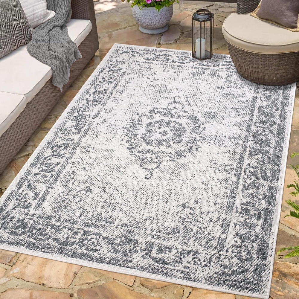 carpet city In- & Outdoor-Teppich Grau - Wendeteppich - 200x290 cm - Ornamente - Wetterbeständig für Balkon, Terrasse - Teppiche Modern Indoor Wohnzimmer, Küche Bild 1