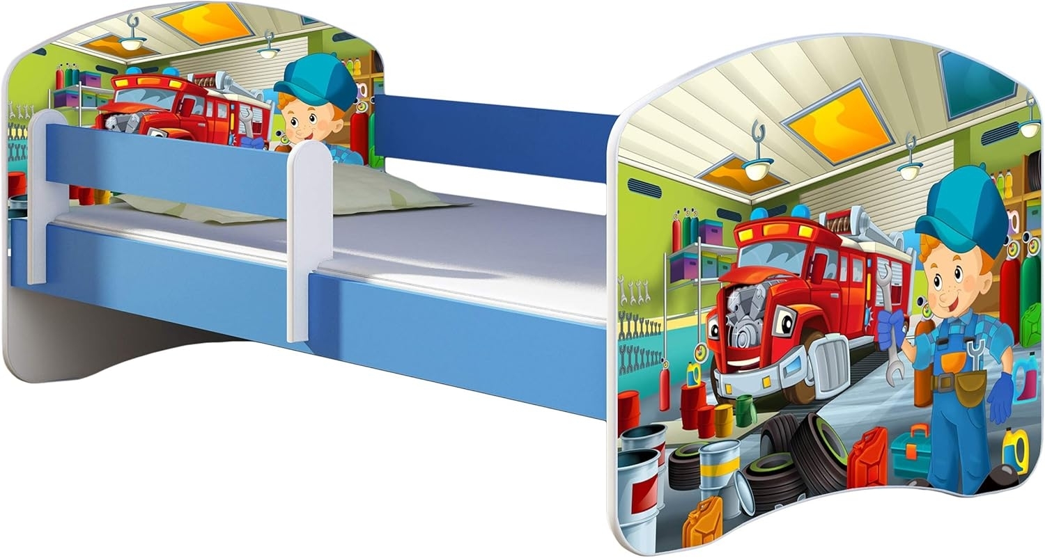 ACMA Kinderbett Jugendbett mit Einer Schublade und Matratze Blau mit Rausfallschutz Lattenrost II 140x70 160x80 180x80 (45 Mechaniker, 140x70) Bild 1