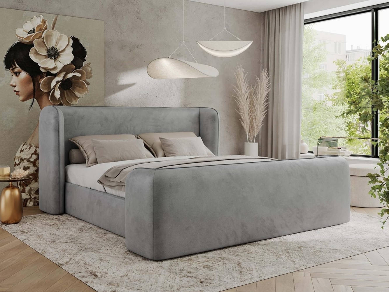 Polsterbett mit Lattenrost, Doppelbett für Schlafzimmer, Gepolstertes Kopfteil - EMORA CLASSIC DUO - 200 x 200 cm - Hellgrau Velours Bild 1