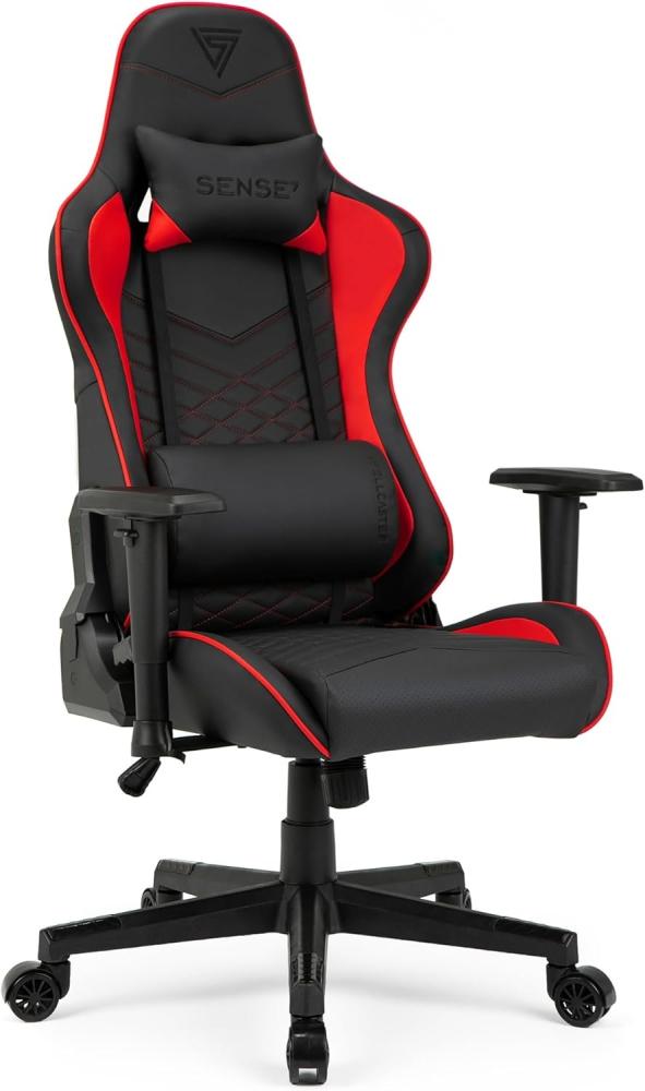 SENSE7 Gaming Spellcaster Bürostuhl Zocker Gamer Ergonomischer Stuhl Armlehne Einteiliger Stahlrahmen Einstellbarer Neigungswinkel Schwarz-Rot, Leder, 43-52 x 69,5 x 57 Bild 1