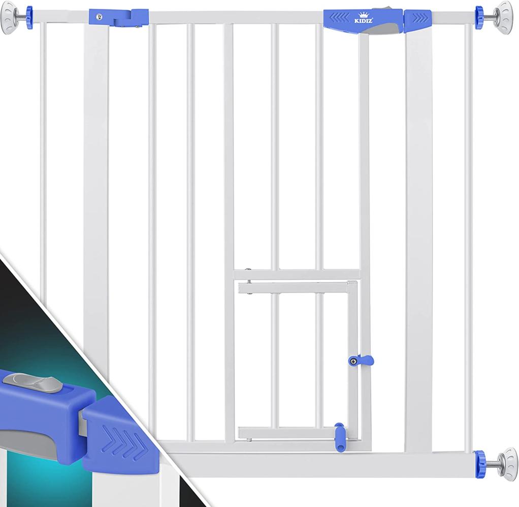 KIDIZ® Türschutzgitter Absperrgitter Treppengitter Kindergitter | mit Türe für Hunde und Katzen , Haustier | ohne Bohren | erweiterbar | kombinierbar mit Y-Spindeln | schwenkbar Blau, 74 - 87 cm Bild 1