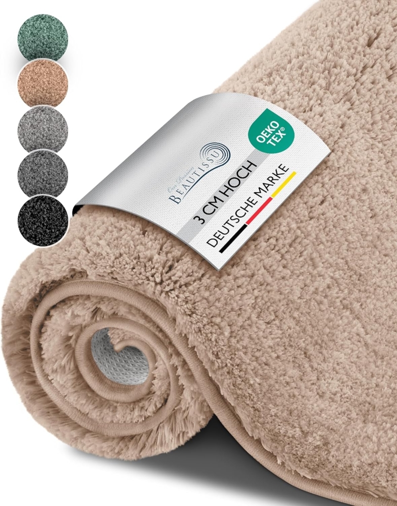 Beautissu Badematte rutschfest BeauMare FL Hochflor Teppich Natur, 100cm, 60cm Bild 1