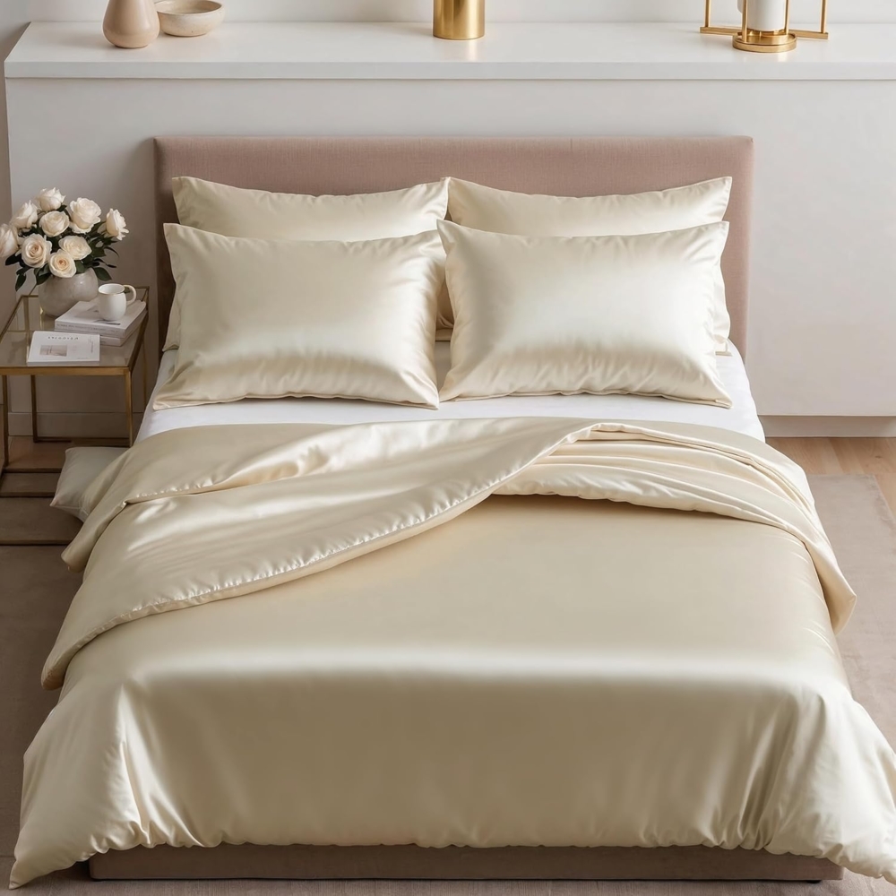 Cozyor Bettwäsche Satin glänzend 135x200, 155x200, 155x220, 200x200cm mit Reißverschluss, Satin, beige Driftwood, 2 teilig, glänzend Satin, Bettbezug + Kissenbezug 40x80, besonders weich Bild 1