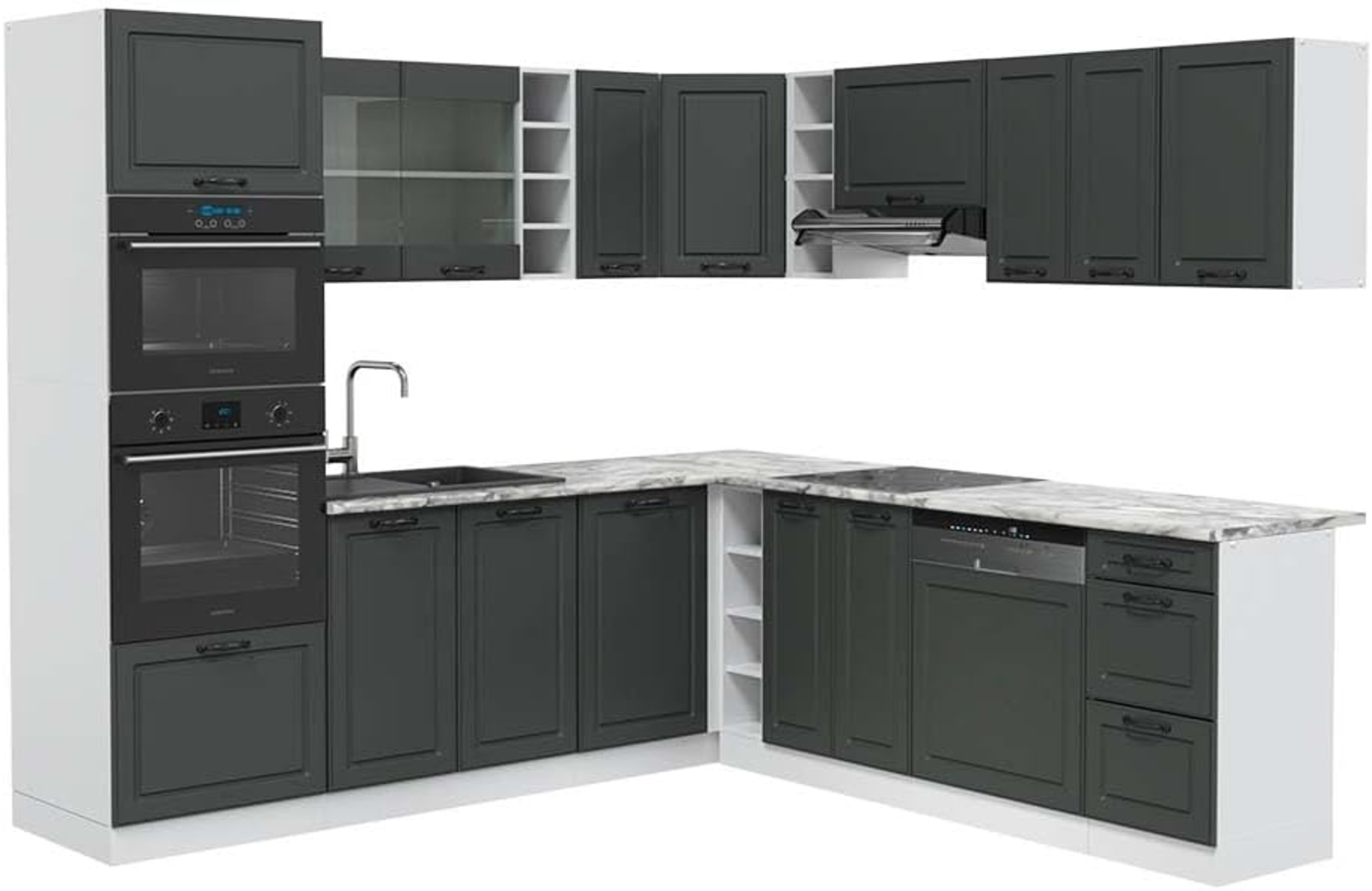 Eckküche R-Line Anthrazit Landhaus/Weiß 247 x 60 cm , AP Marmor Vicco Bild 1