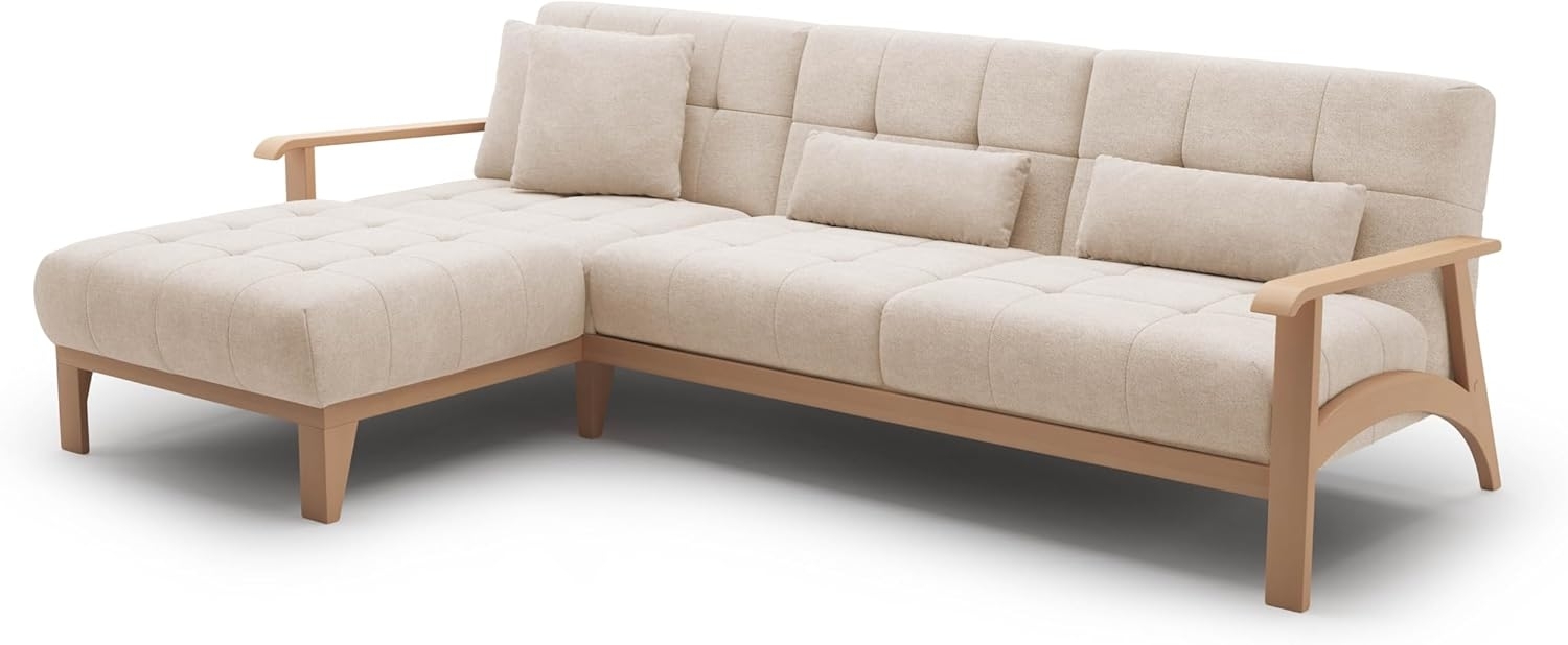 Cavadore Ecksofa Billan / Schlafsofa im skandinavischen Design mit Longchair, Bett und massivem Holzgestell in Buche / 264 x 88 x 183 / Mikrofaser, Beige Bild 1