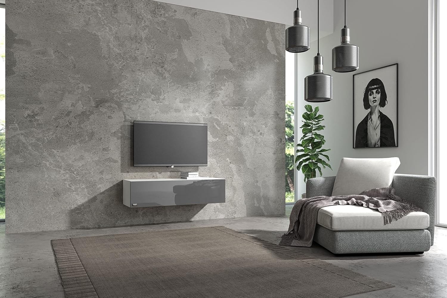 Wuun® TV Board hängend/8 Größen/5 Farben/120cm Matt Weiß- Grau-Hochglanz/Lowboard Hängeschrank Hängeboard Wohnwand/Hochglanz & Naturtöne/Somero Bild 1